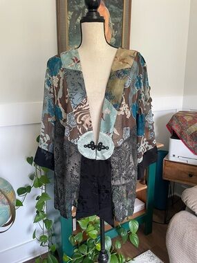 Spencer Alexis Wide Sleeve Mesh Front One Button Cardigan Blouse 2X